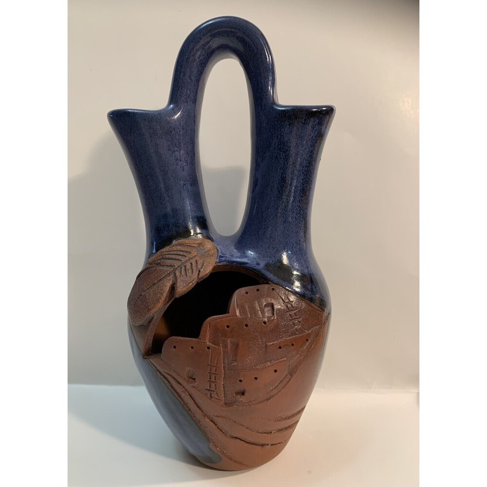 Blue Glazed Pottery Wedding Vase Double Spout Open Front Carved Clay READ